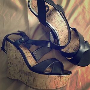 G by guess black cork wedge sandals